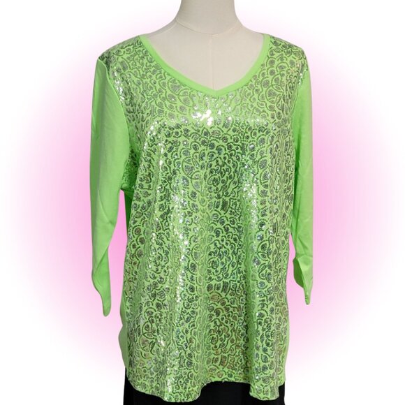 LIME GREEN & SILVER SEQUINS EMBELLISHED WOMEN'S 3/4 SLEEVE T-SHIRT TOP L - Picture 1 of 5